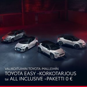 Tervetuloa Toyotan viikonloppunäyttelyyn 2.-3.9.!
Näyttelyetuna valikoituihin malleihin voit valita edullisen 1,9 % rahoituskoro...